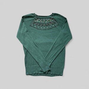 Merona Sweater Womens Small Green Embellished Jewel Neck Pullover Lightweight